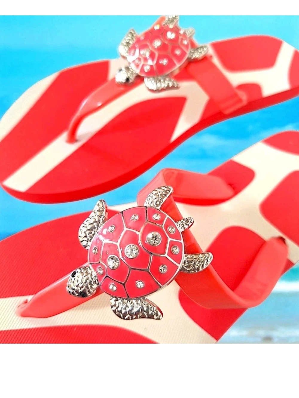 Encore Aloha Pink White Sea Turtle Rhinestone Flip Flops Sandals Size 9/10
